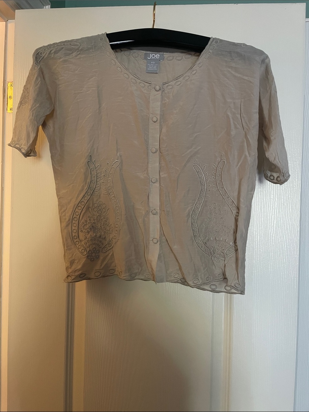 Joe Fresh Beige Short-Sleeve Embroidered Button Front Top